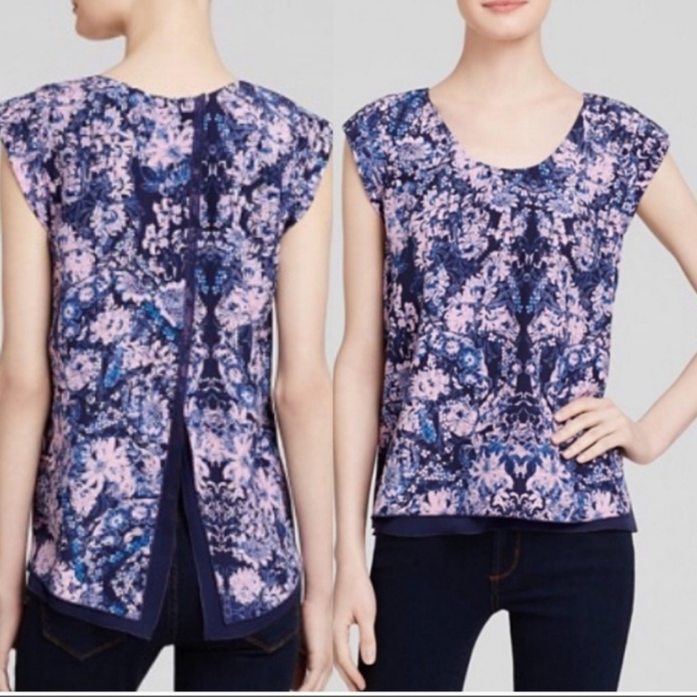 Rebecca Taylor Kiku Silk Floral Print Split Hem Blouse Sz. 10